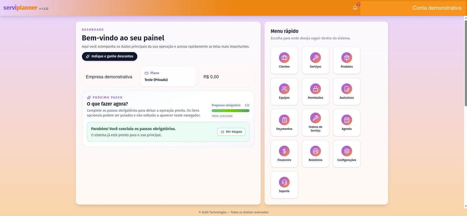 Tela inicial do Serviplanner